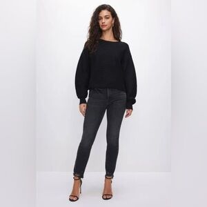 NWT Good American Knit Ribbed Crewneck Sweater Black  Sz 0 / XS  Oversized